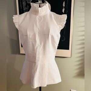 Ted Baker 2 (US 6) Ruffle Neck Peplum Top White Textured Sleeveless Blouse